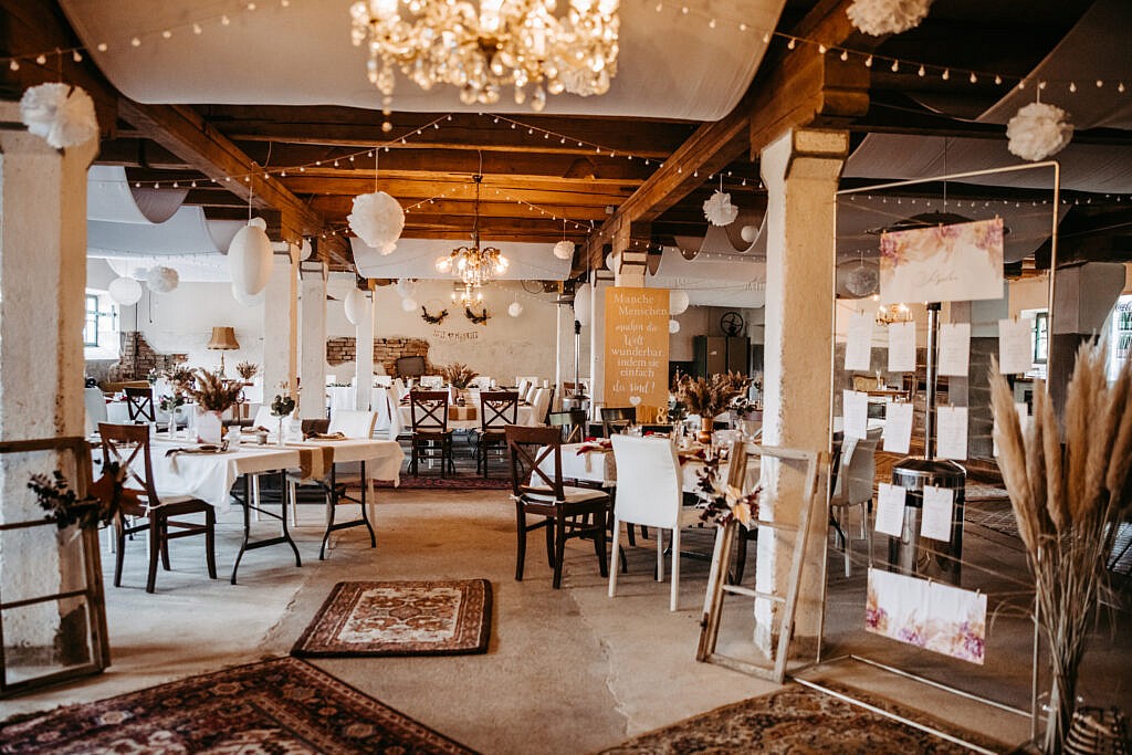 Aufnahme vom Festsaal bei Hochzeit im Gutshof Szilagyi 